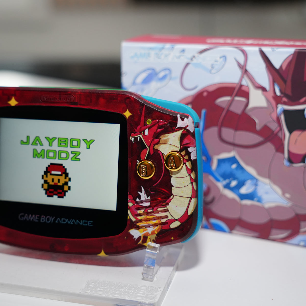 NEW Shiny Gyarados Themed GBA IPS Screen Mod W Box JAYBOYMODZ New shiny gyarados themed gba ips screen mod w box jayboymodz